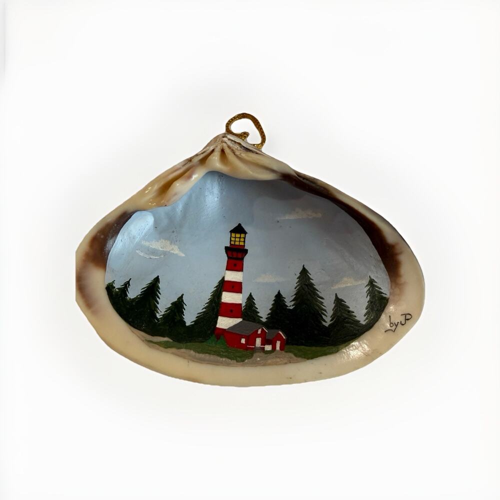 Hand Painted Signed Cape Cod Lighthouse Oval Christmas Ornament Clam Shell 5” - Picture 2 of 5